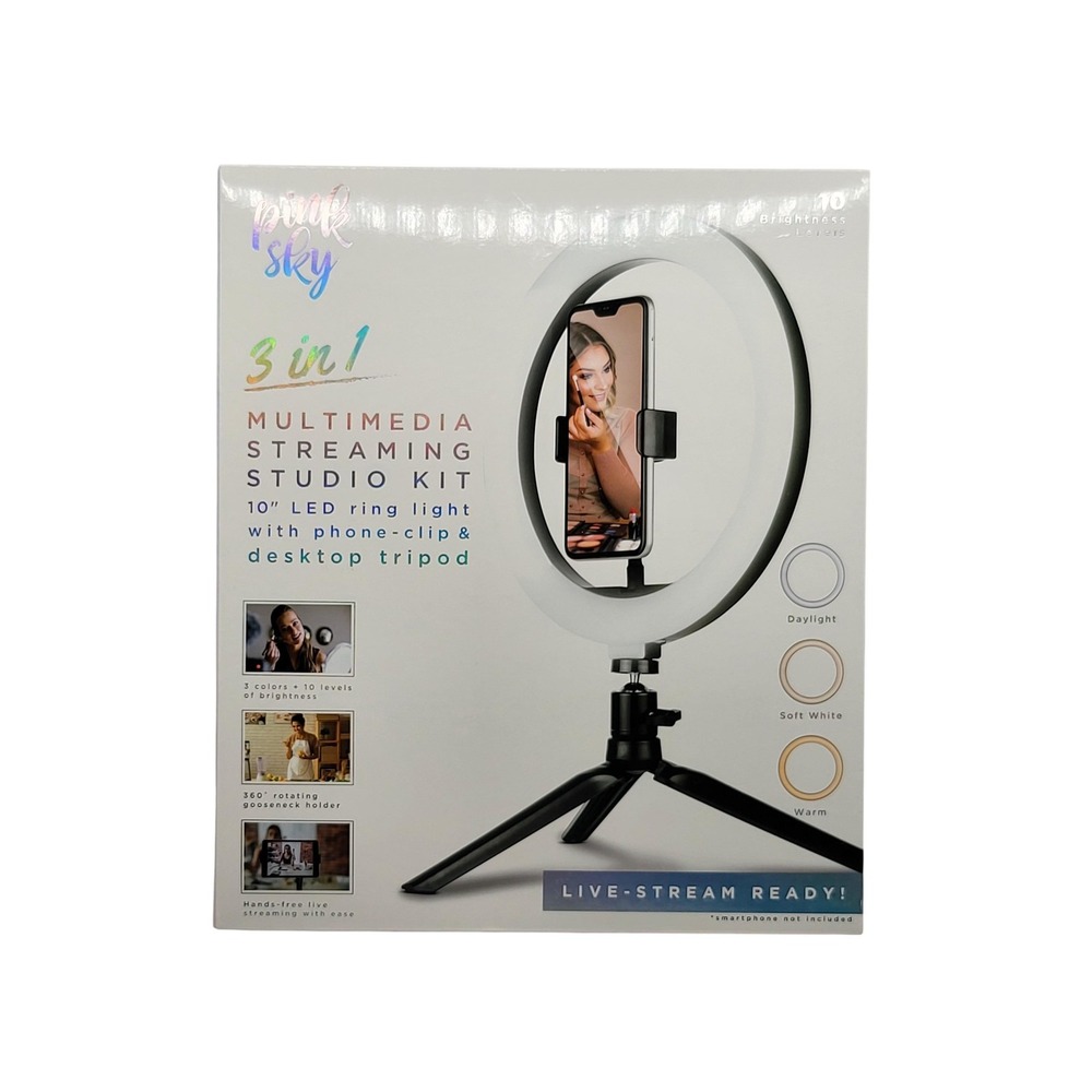 Pink Sky 3-in-1 10" LED‎ Ring Light Phone Clip Desktop Tripod USB Streaming Kit